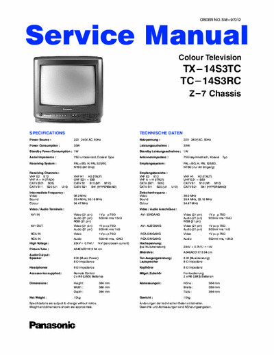 Panasonic TX-14S3TC PANASONIC 
TX-14S3TC TX-14S3RC
Chassis: Z-7
Color television service manual